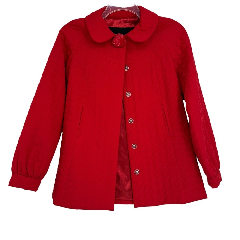 Betsey Johnson Quilted Red Swing Coat Size XS Heart Button Snap Front Collared
